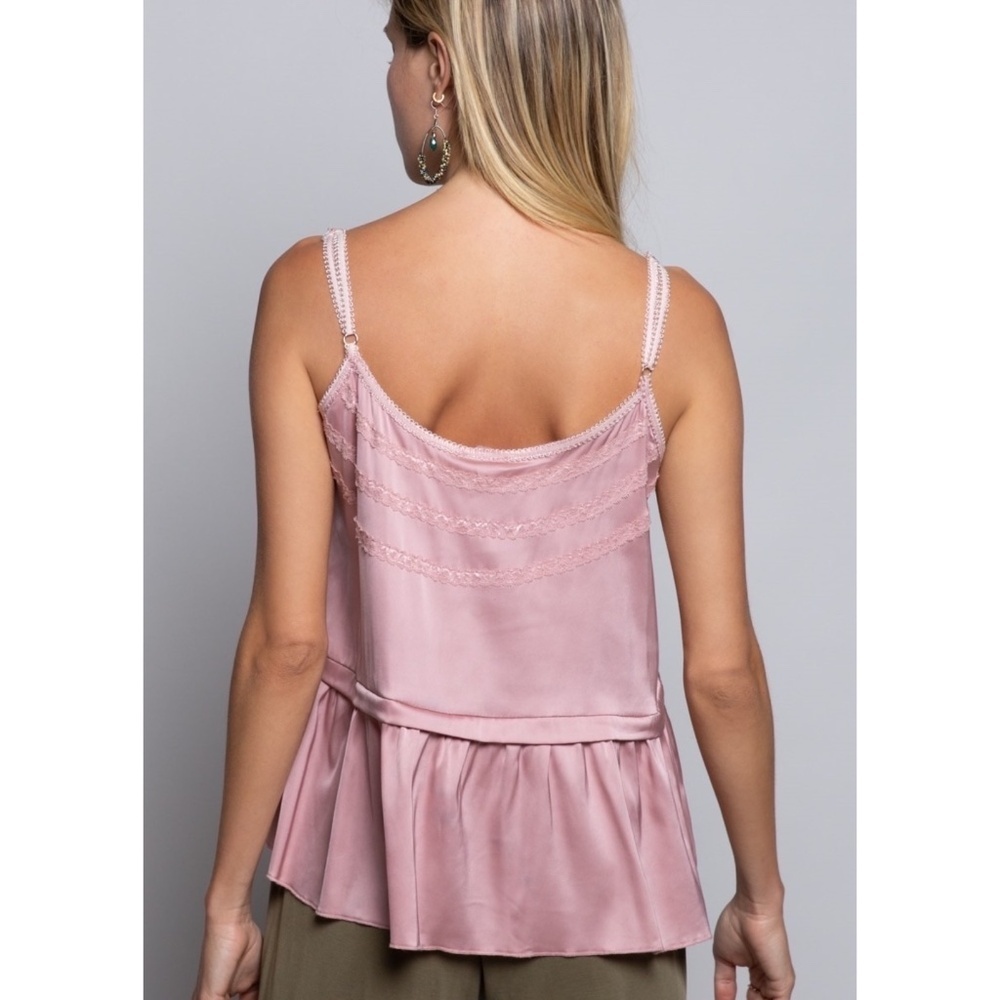POL Pink Satin Button Front Cami Top with Lace - Picture 6 of 8